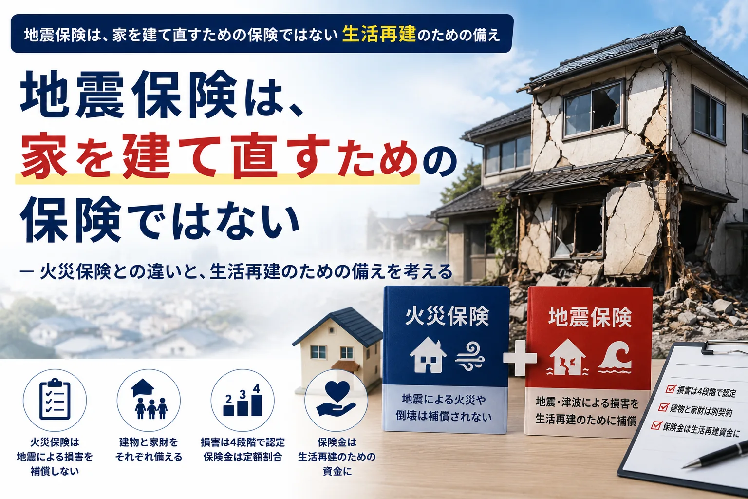 地震保険は、 家を建て直すための保険ではない ー火災保険との違い、損害認定、請求の流れから考える「生活再建」の備え
